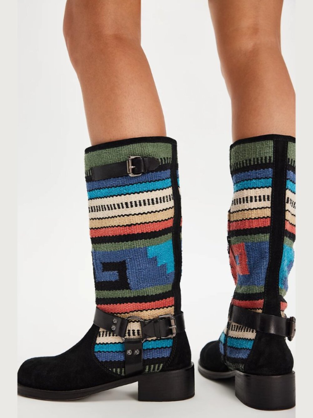 Seychelles Willie Harness Buckle Boots Black Suede Southwestern Knit Mid Calf